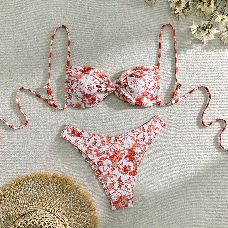 Damen Freizeit-Bikini mit floralen Mustern und verstellbaren Trägern Drune