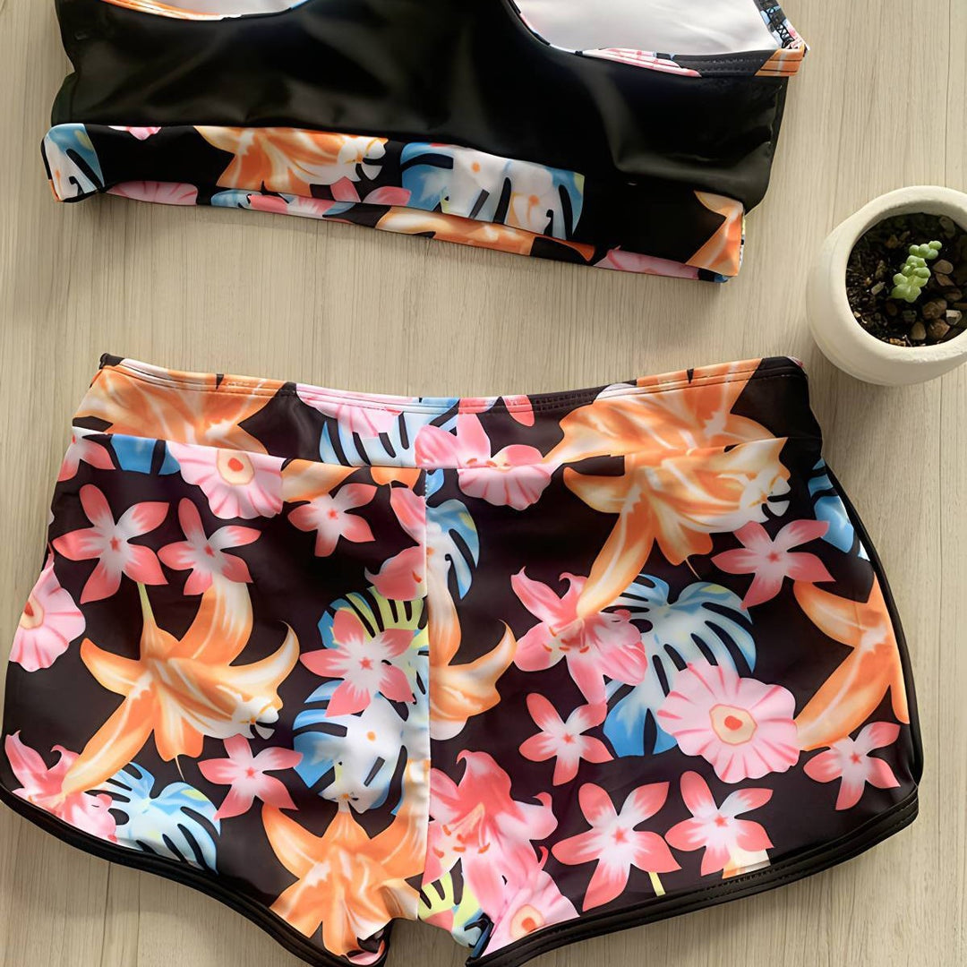 Damen Sportlicher Bikini-Set mit floralem Saum und Shorts Drune