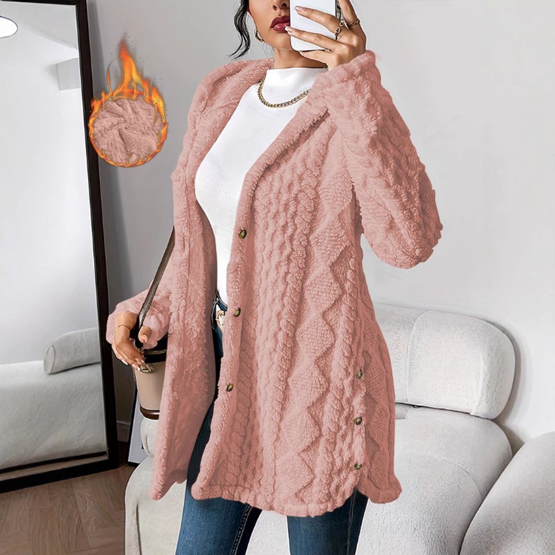 Damen Oversize Strickmantel mit Kapuze, Jacquard‑Struktur und Knopfleiste Drune