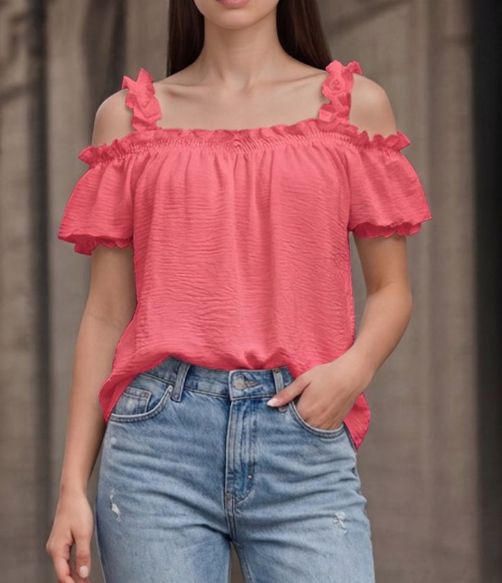 Damen Schulterfreies Crinkle-Top mit Smok-Bandeau, Rüschen‑Trägern und Flügelärmeln Drune