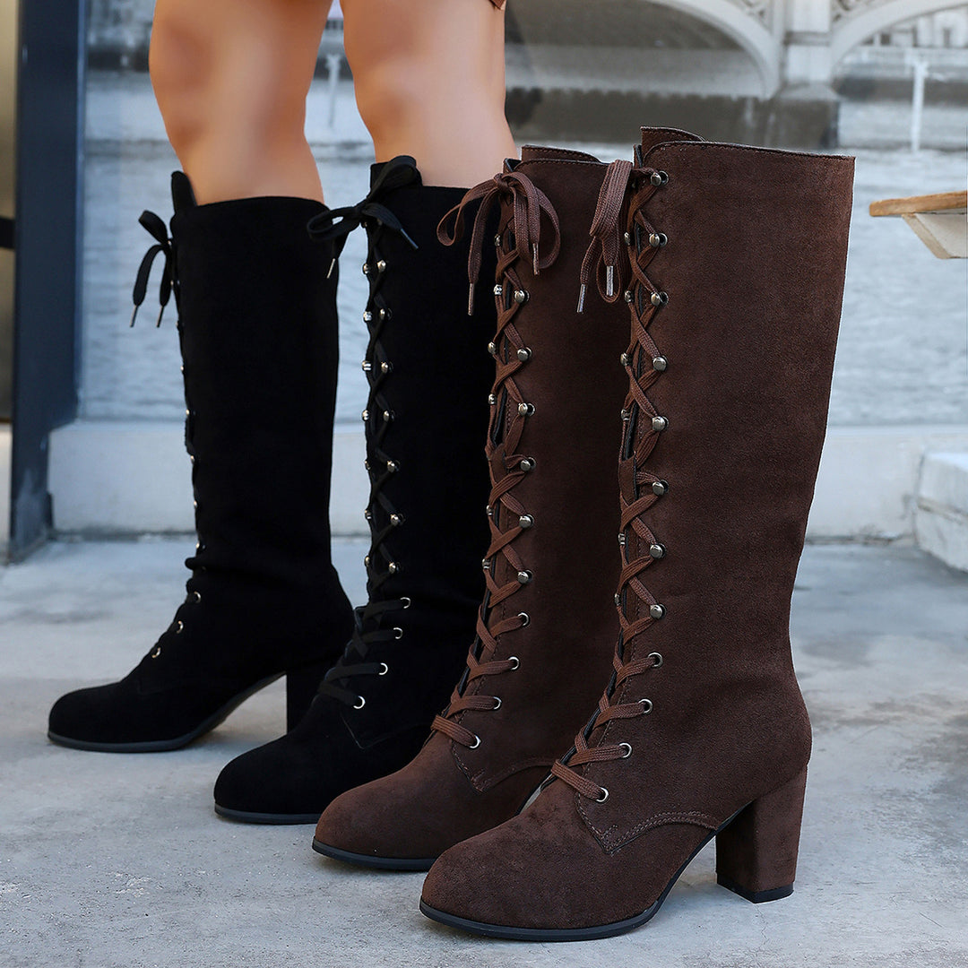 Damen kniehohe Schnürstiefel mit mittelhohem Blockabsatz und Vintage‑Wildlederoptik Drune