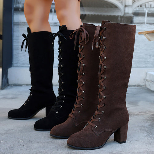 Damen kniehohe Schnürstiefel mit mittelhohem Blockabsatz und Vintage‑Wildlederoptik Drune