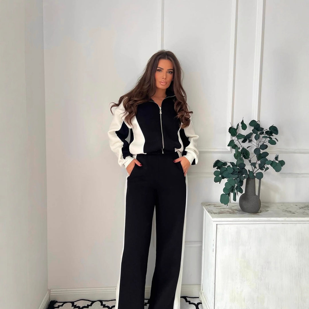 Damen Hoodie- und Flare-Hosen-Set mit kontrastierenden Einsätzen und hohem Kragen