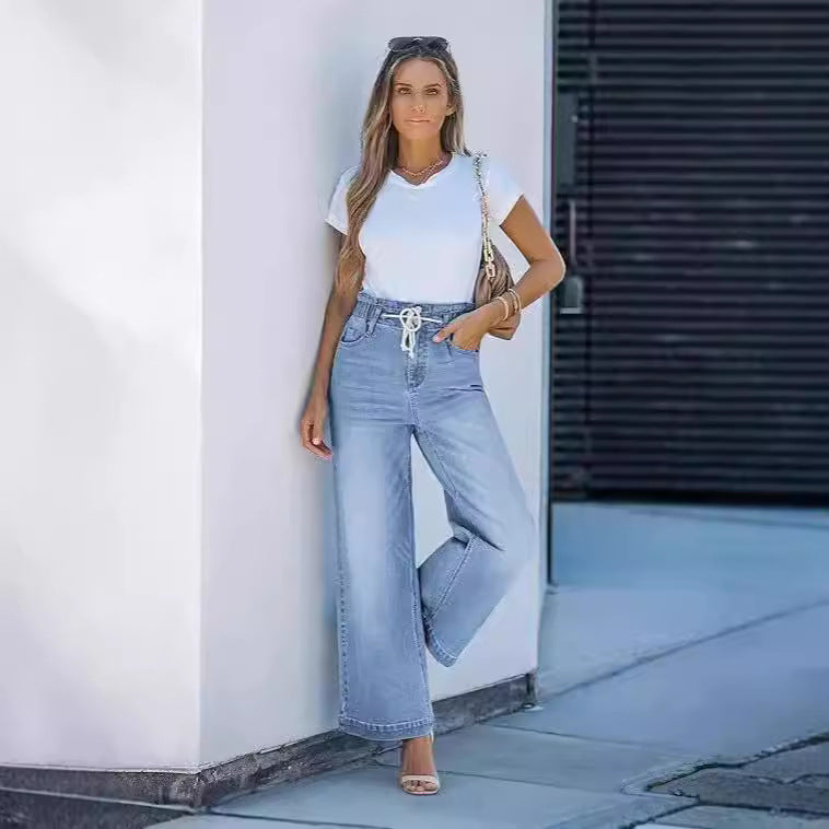 Damen nan hochgeschnittene Weitbein-Jeans mit Kordelbund und lässiger Culotte-Silhouette Drune