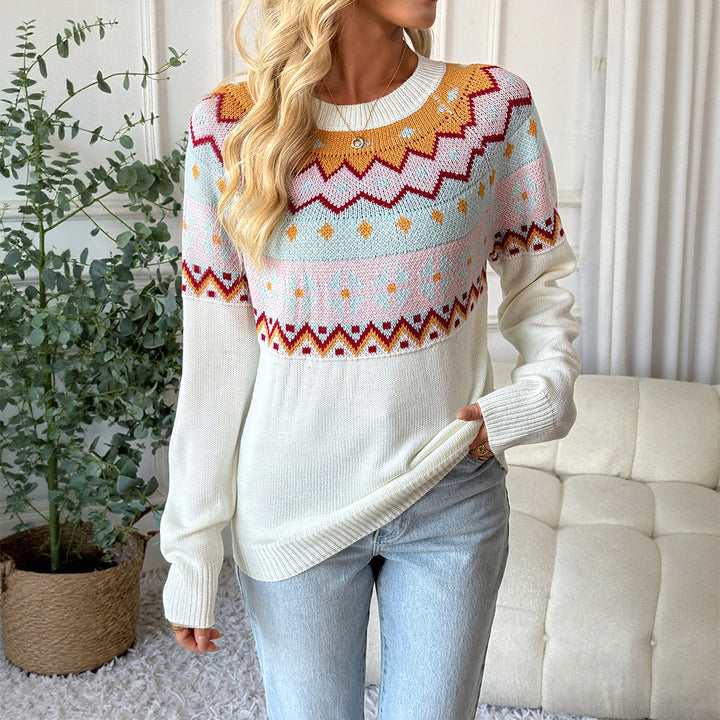 Damen Gemusterter Strickpullover mit Rundhalsausschnitt und Fair-Isle-Motiv Drune