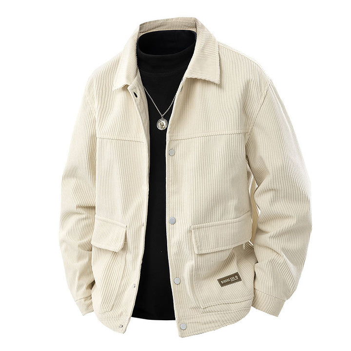 Men's  relaxed corduroy chore jacket with patch flap pockets and metal snap front Drune