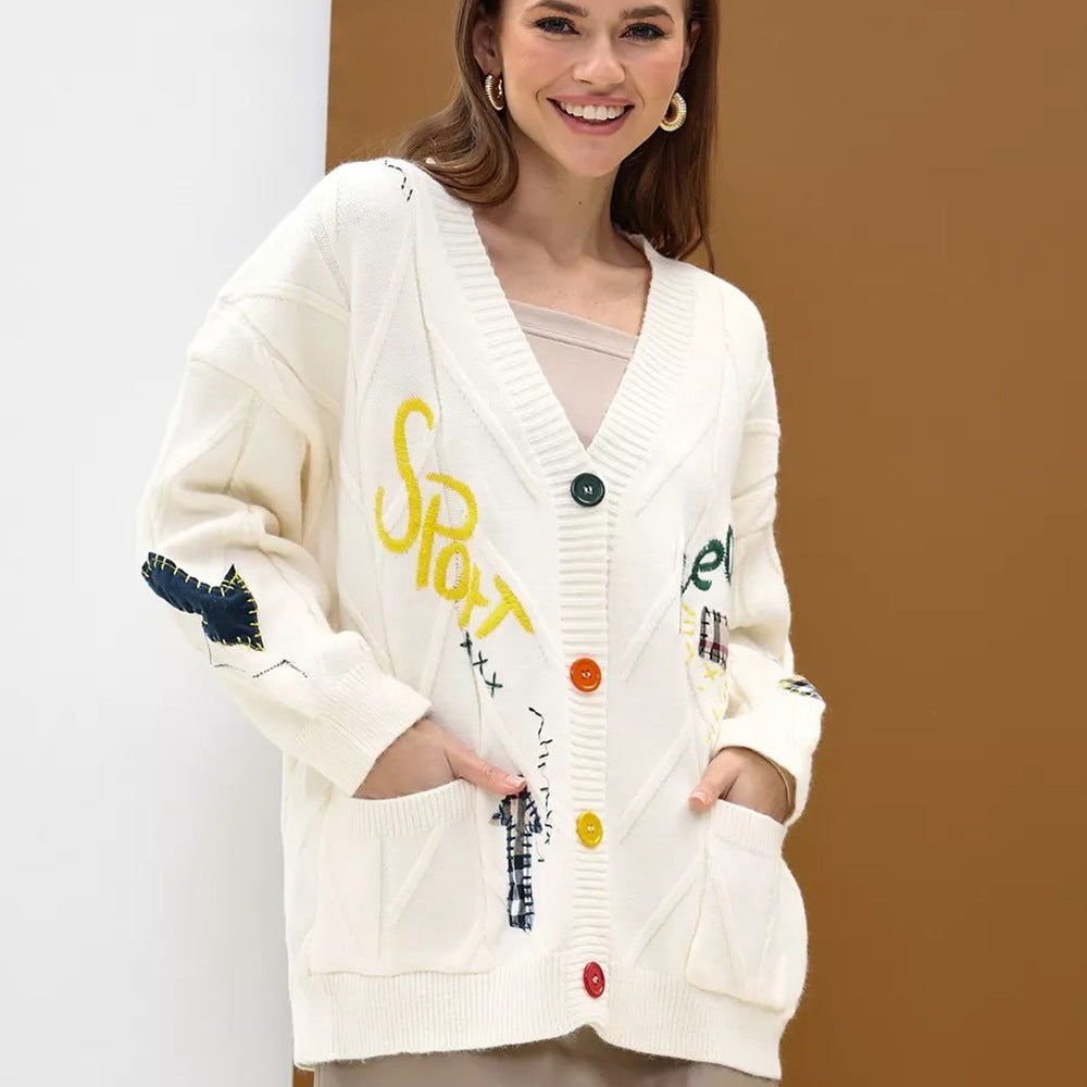 Damen Strickjacke mit bunten Stickereien Drune