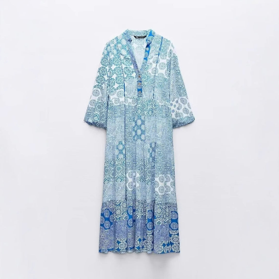 Damen Maxi‑Kleid im Patchwork‑Print mit V‑Ausschnitt, Stufenrock und 3/4‑Ärmeln Drune