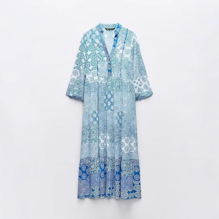 Damen Maxi‑Kleid im Patchwork‑Print mit V‑Ausschnitt, Stufenrock und 3/4‑Ärmeln Drune