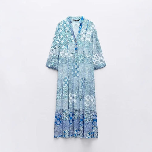 Damen Maxi‑Kleid im Patchwork‑Print mit V‑Ausschnitt, Stufenrock und 3/4‑Ärmeln Drune