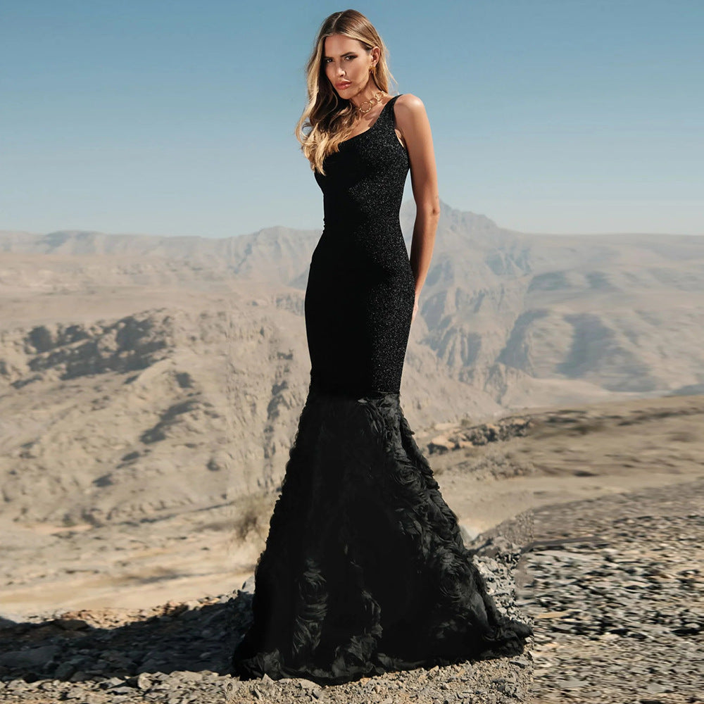 Damen glamouröses Maxikleid mit floralen Details und figurbetontem Oberteil Drune