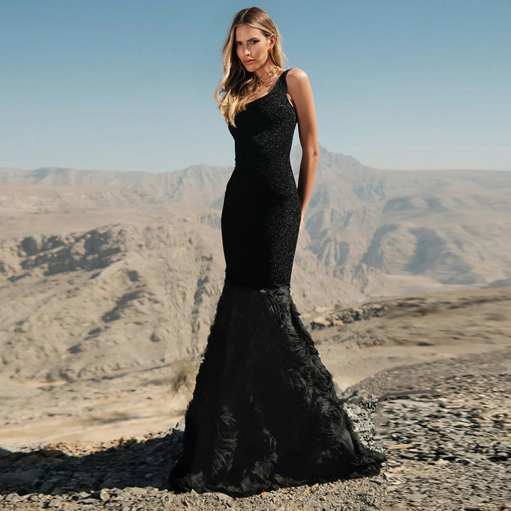 Damen glamouröses Maxikleid mit floralen Details und figurbetontem Oberteil Drune