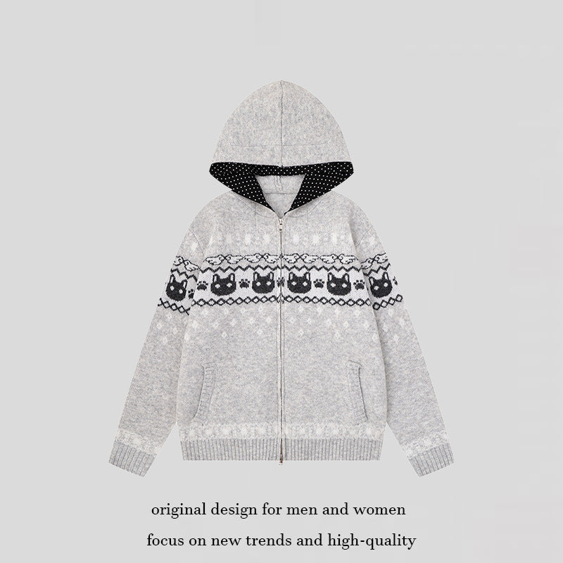 Damen Kapuzen-Strickjacke mit Norwegermuster, zweifachem Reißverschluss und Kängurutaschen Drune