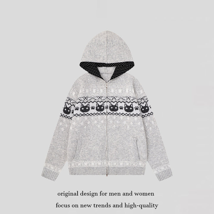 Damen Kapuzen-Strickjacke mit Norwegermuster, zweifachem Reißverschluss und Kängurutaschen Drune