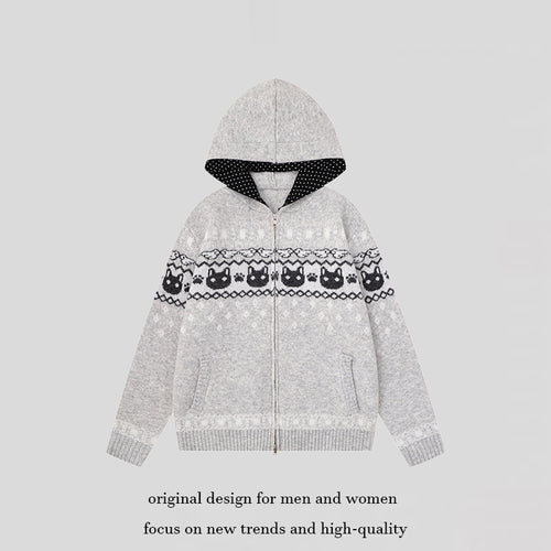 Damen Kapuzen-Strickjacke mit Norwegermuster, zweifachem Reißverschluss und Kängurutaschen Drune