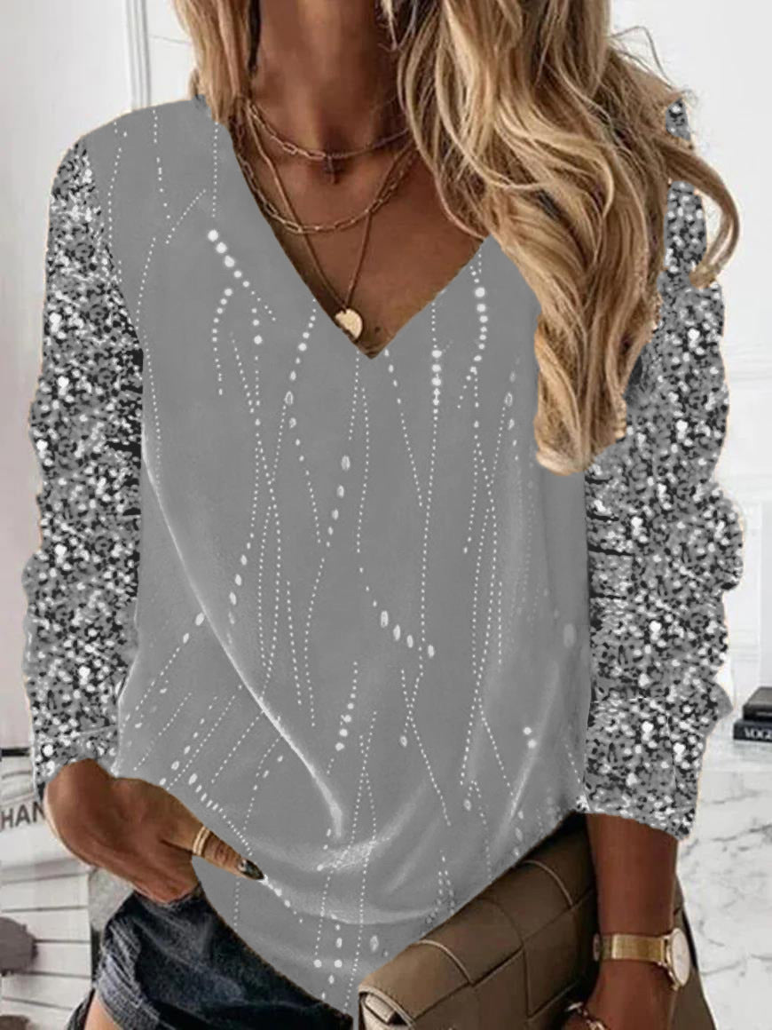 Damen Festliche V-Ausschnitt Bluse mit Paillettenärmeln und leichter Drapierung Drune