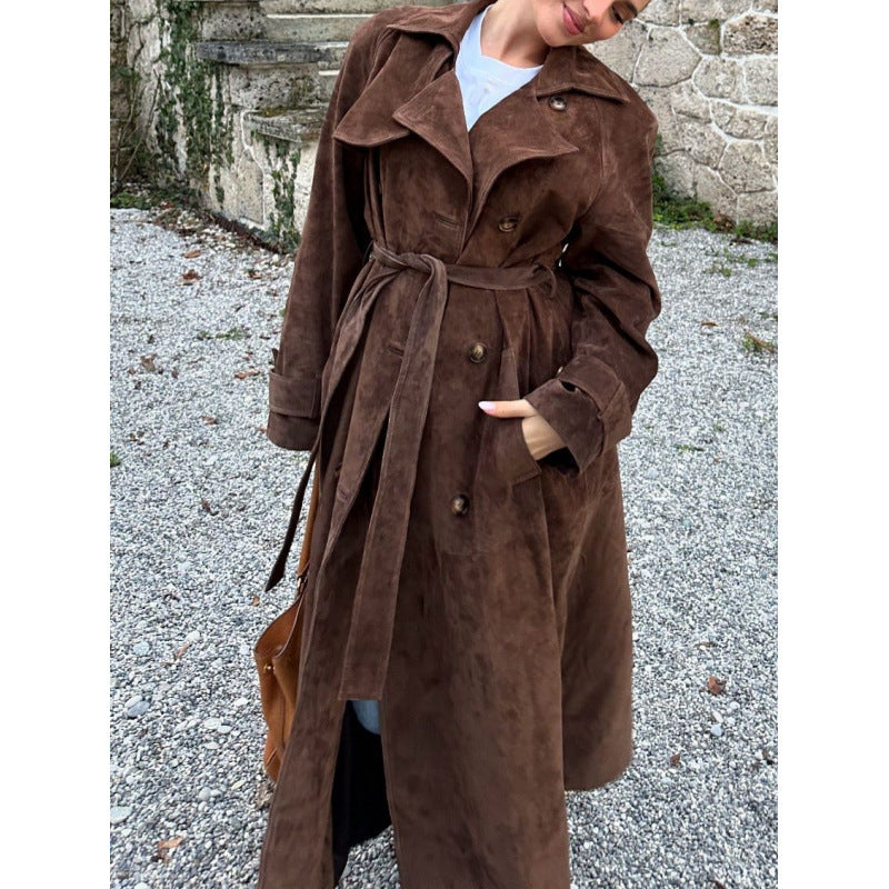 Damen eleganter Long-Trenchcoat aus hochwertigem Wildleder Drune
