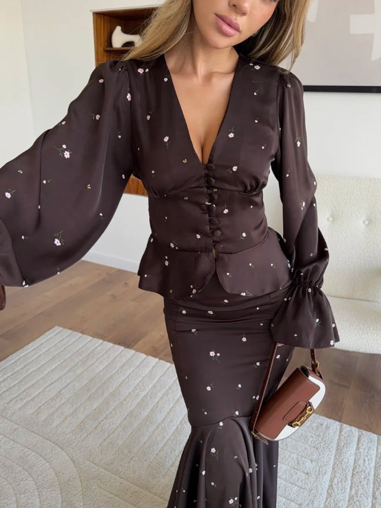 Damen Zweiteiliges Satin-Set mit tailliertem Knopf-Top und Meerjungfrau-Rock Drune