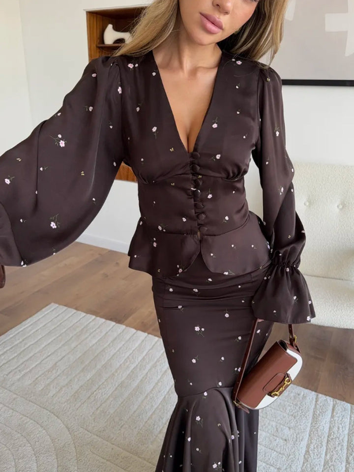 Damen Zweiteiliges Satin-Set mit tailliertem Knopf-Top und Meerjungfrau-Rock Drune