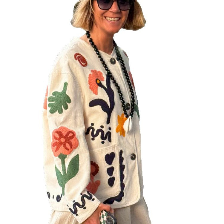 Damen bestickte Boxy-Jacke mit floraler Applikation und aufgesetzten Taschen Drune