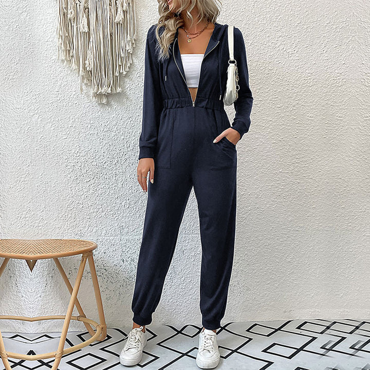 Damen Lässiger Jumpsuit-Overall mit Reißverschluss, elastischer Taille und Bündchen Drune