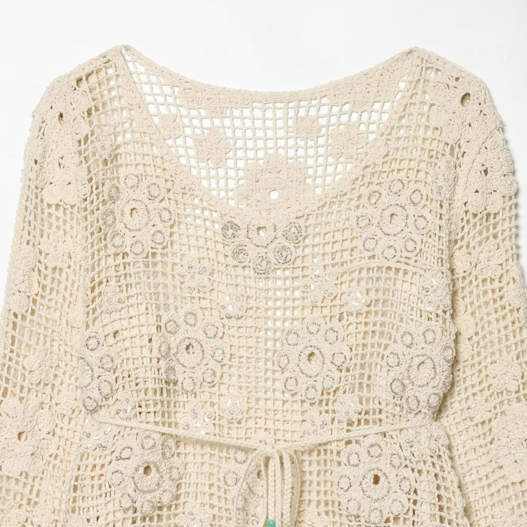 Damen Häkelbluse mit floralem Crochet‑Motiv, V‑Ausschnitt und Tunnelzug Drune