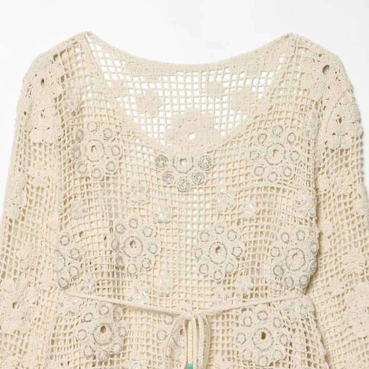 Damen Häkelbluse mit floralem Crochet‑Motiv, V‑Ausschnitt und Tunnelzug Drune