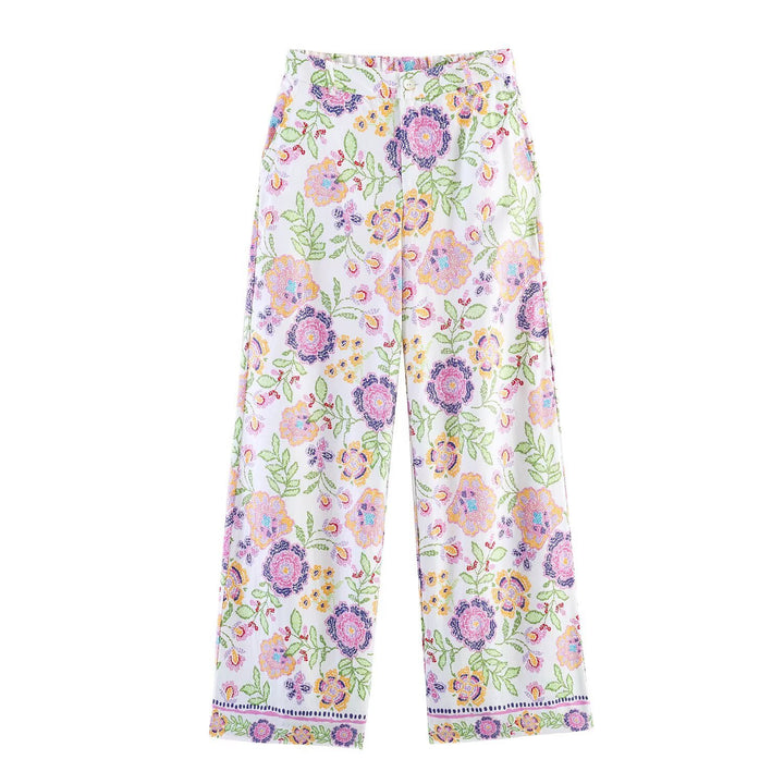 Damen Weite Palazzo‑Hose mit floraler Stickerei und Hoher Taille Drune