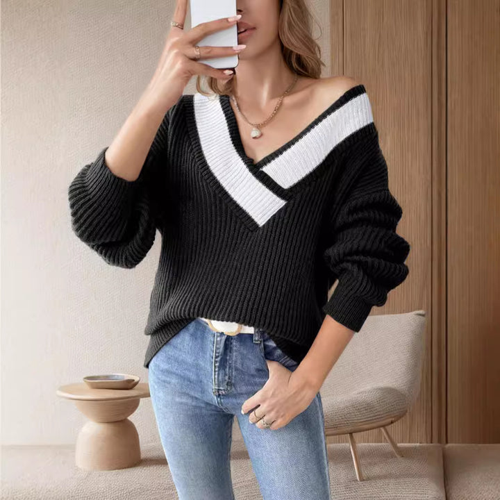 Damen lässiger Strickpullover mit V-förmigem Ausschnitt und dekorativem Rippenmuster Drune