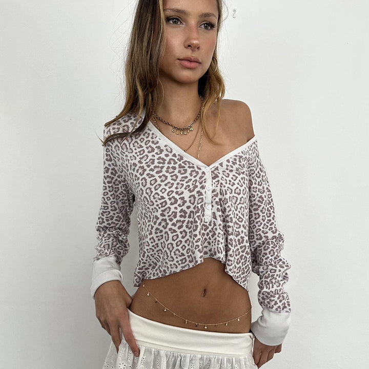 Damen nan figurbetonte Feinstrick-Henley mit Leopardenprint und V-Ausschnitt Drune