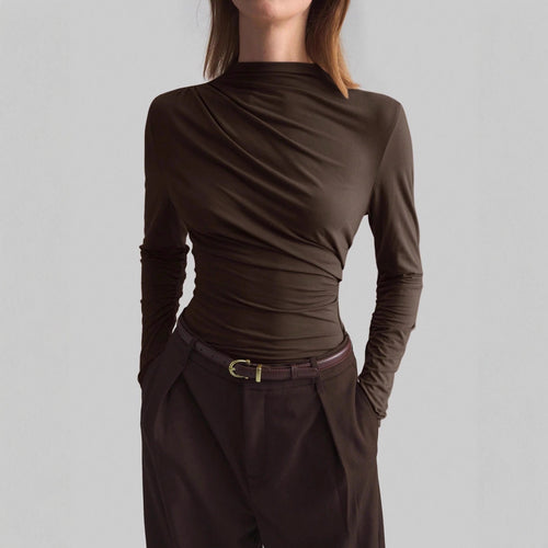 Damen nan schmal geschnittenes Langarmshirt mit asymmetrischer Drapierung und seitlicher Raffung Drune