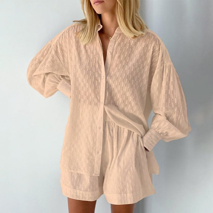 Damen lässiges Oversized Hemd mit Struktur und kurzen Hosen Drune