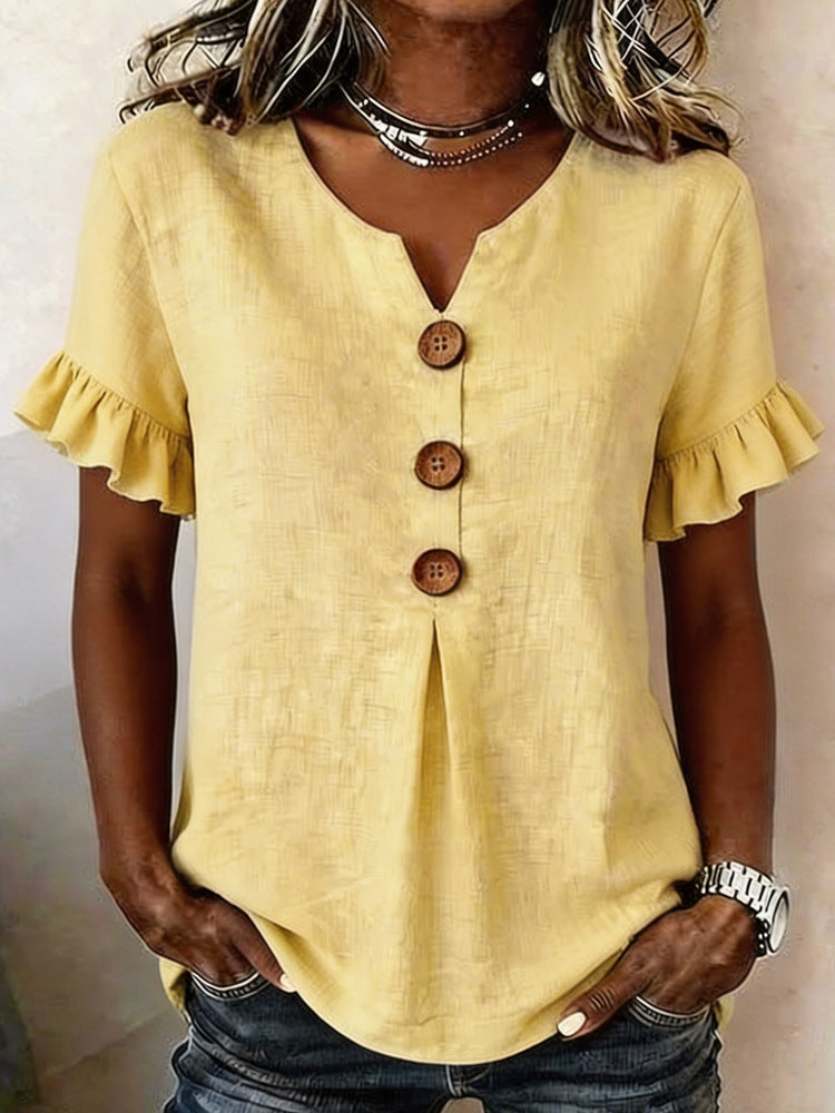 Damen Bluse mit Rüschendetails und Holzknöpfen Drune