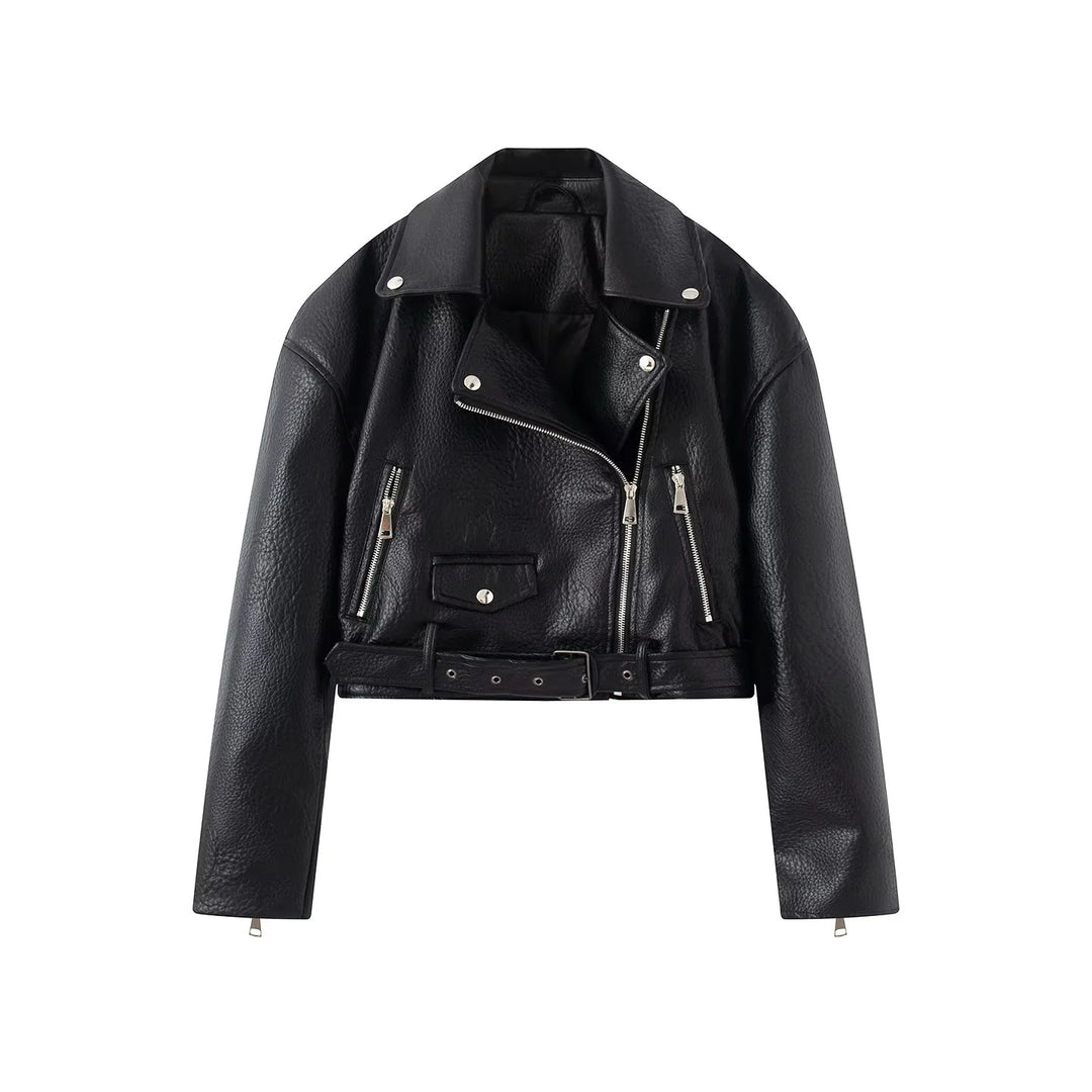 Damen nan cropped Bikerjacke aus veganem Lederimitat mit asymmetrischem Reißverschluss und Taillengürtel Drune