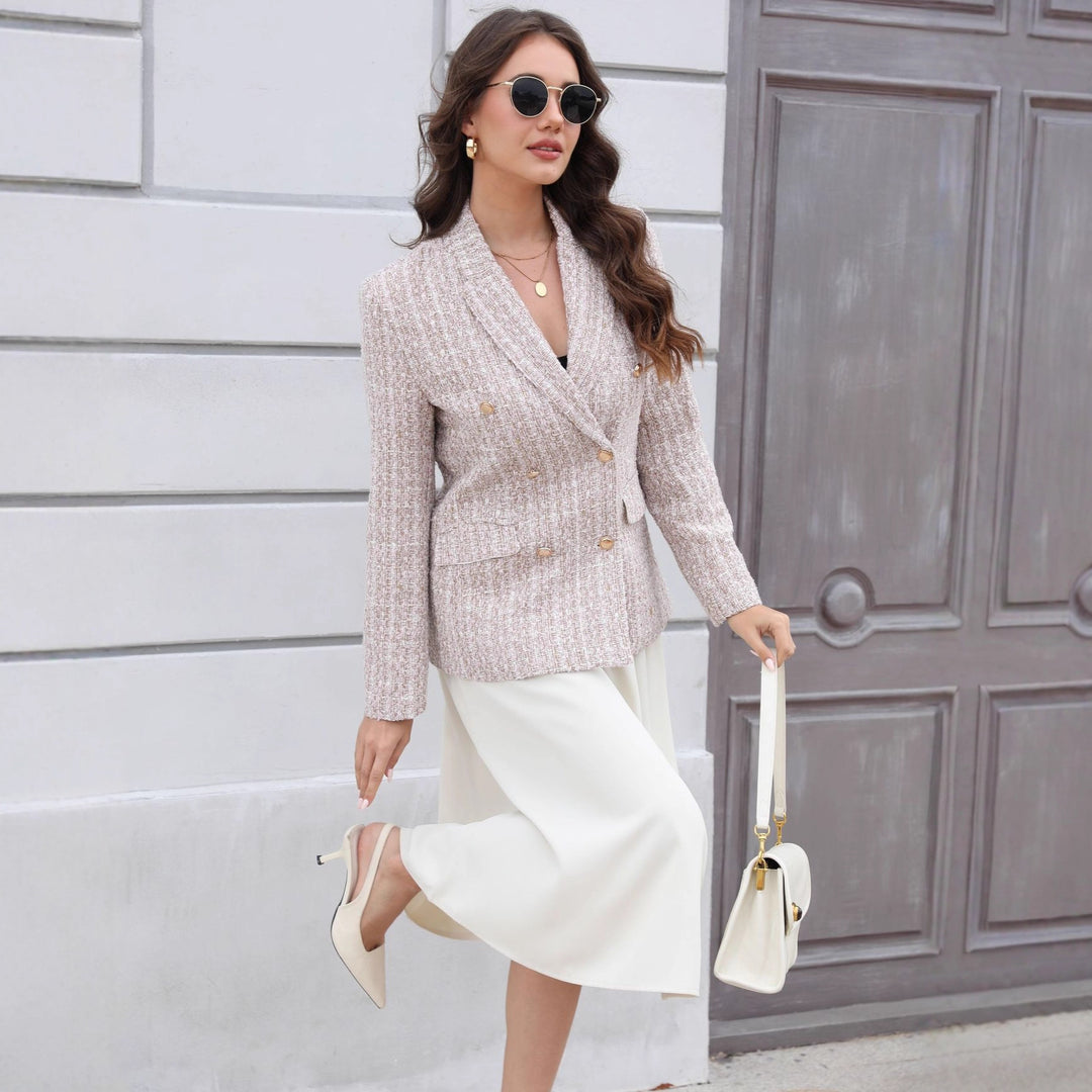 Damen Doppelreihiger Bouclé-Blazer mit Schalkragen, taillierter Silhouette und Zierknöpfen Drune