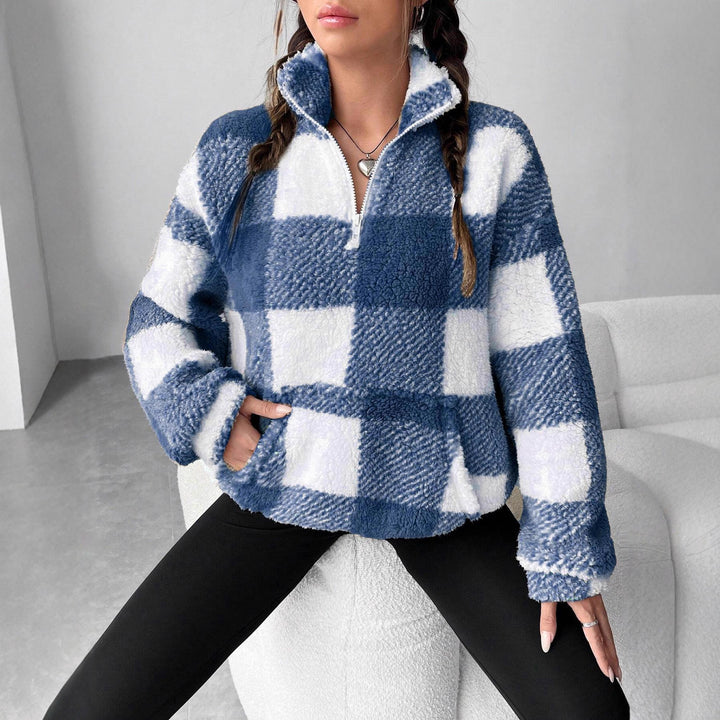 Damen nan kuscheliger Sherpa-Pullover mit Stehkragen, Half-Zip und Kängurutasche Drune