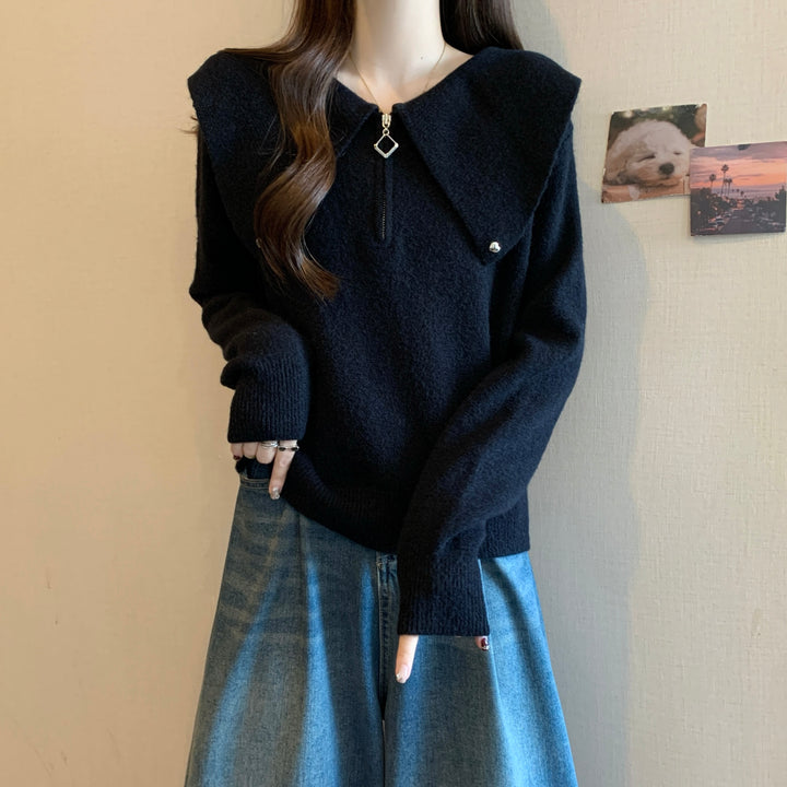 Damen modischer Pullover mit apartem Reißverschluss und großem Kragen Drune
