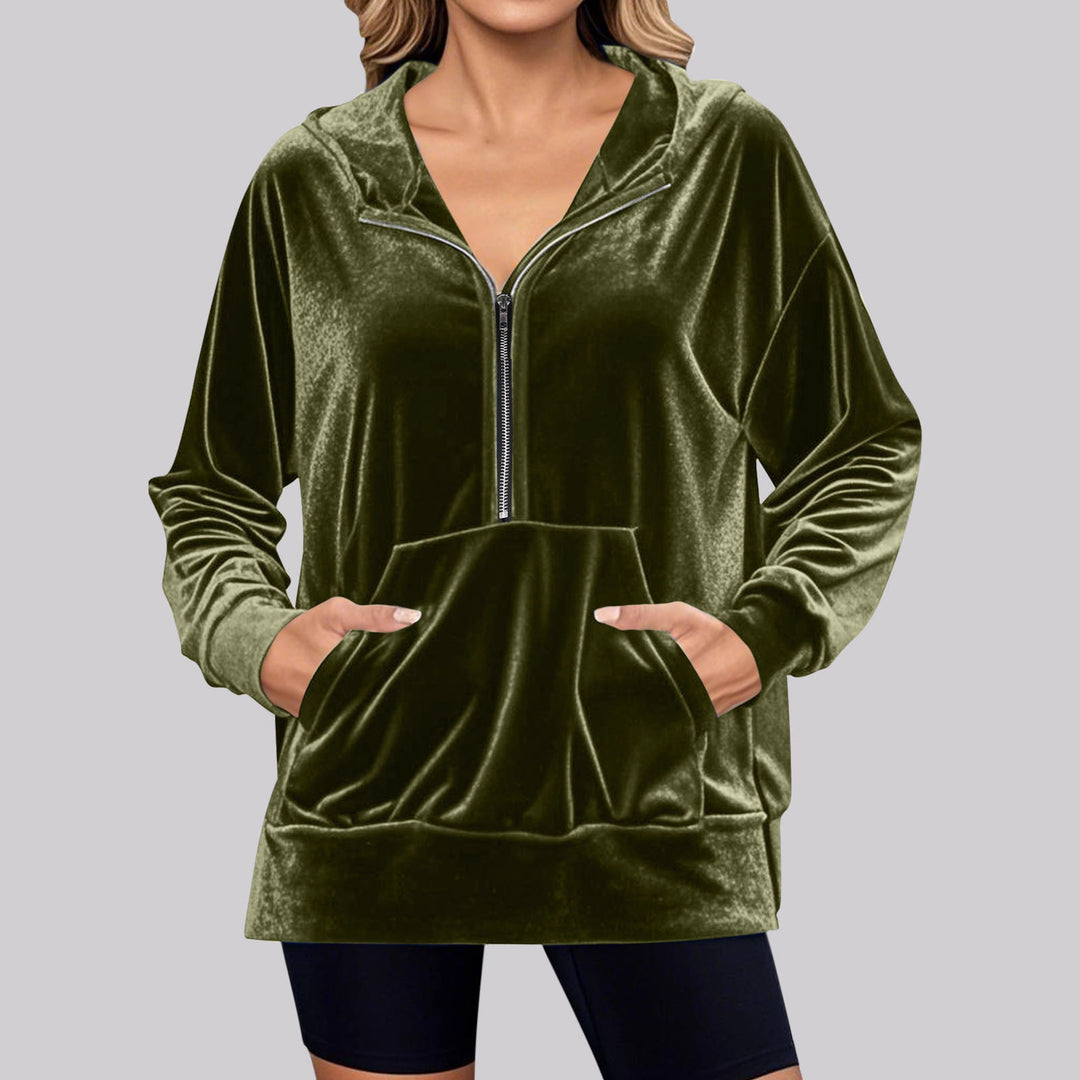 Damen Lässiger Velvet Hoodie mit praktischem Reißverschluss und Kängurutasche Drune