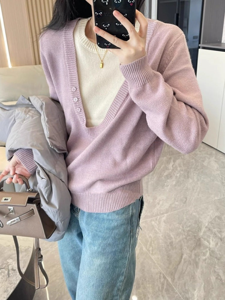 Damen Tiefer V‑Ausschnitt Feinstrickpullover mit Layering‑Effekt und leichter Taillierung Drune