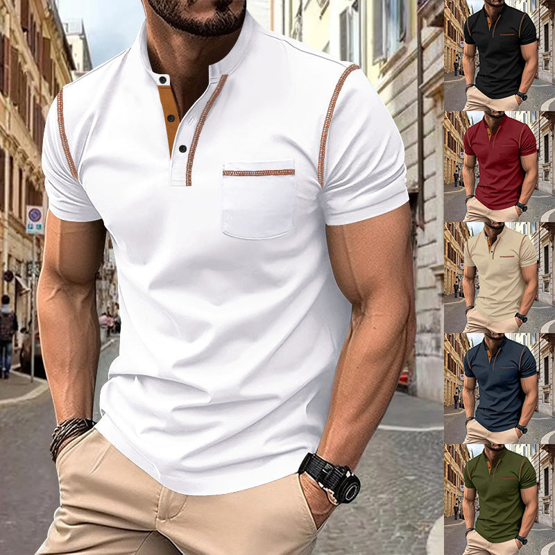 Herren nan Kurzarm-Polo im Henleystil mit Stehkragen, Brusttasche und Kontrastnaht Drune
