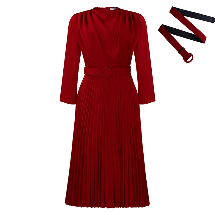 Damen Plisseekleid mit angesetztem Gürtel und eleganten Falten Drune