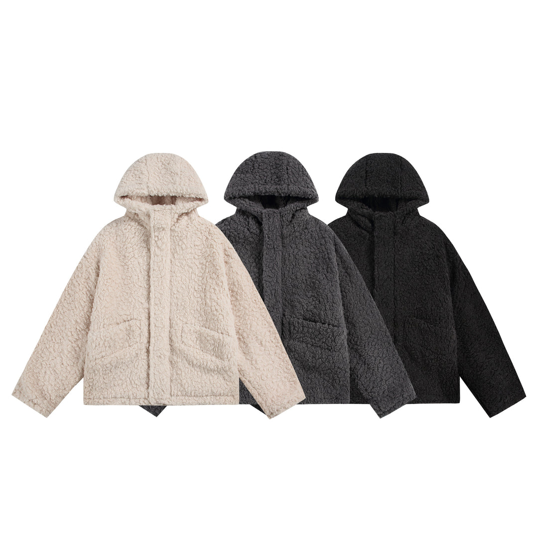 Damen Oversize Sherpa‑Kapuzenjacke mit verdeckter Frontblende und aufgesetzten Taschen Drune