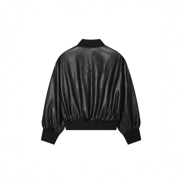 Damen Cropped Leder-Bomberjacke mit geripptem Saum und Pattentaschen Drune