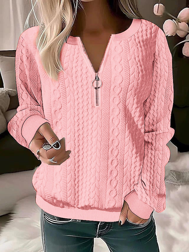 Damen Strickpullover mit Zopfmuster und halbem Reißverschluss Drune