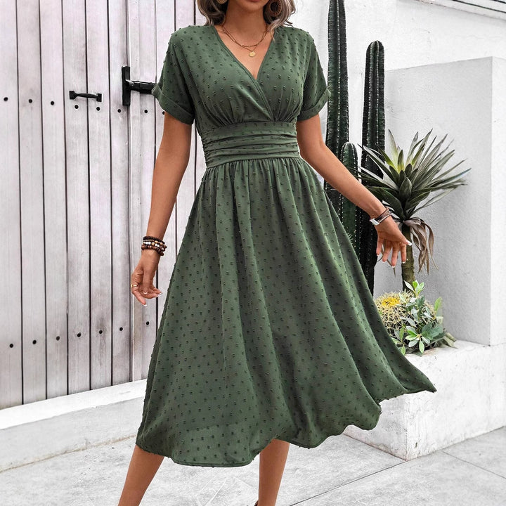 Damen midi Kleid mit gerafftem Oberteil und V-Ausschnitt Drune