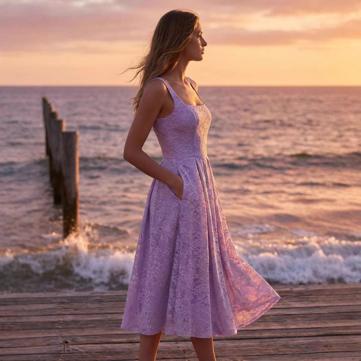 Damen Spitzen-Maxikleid im A-Linien-Stil mit tiefem Ausschnitt und taillierter Silhouette Drune