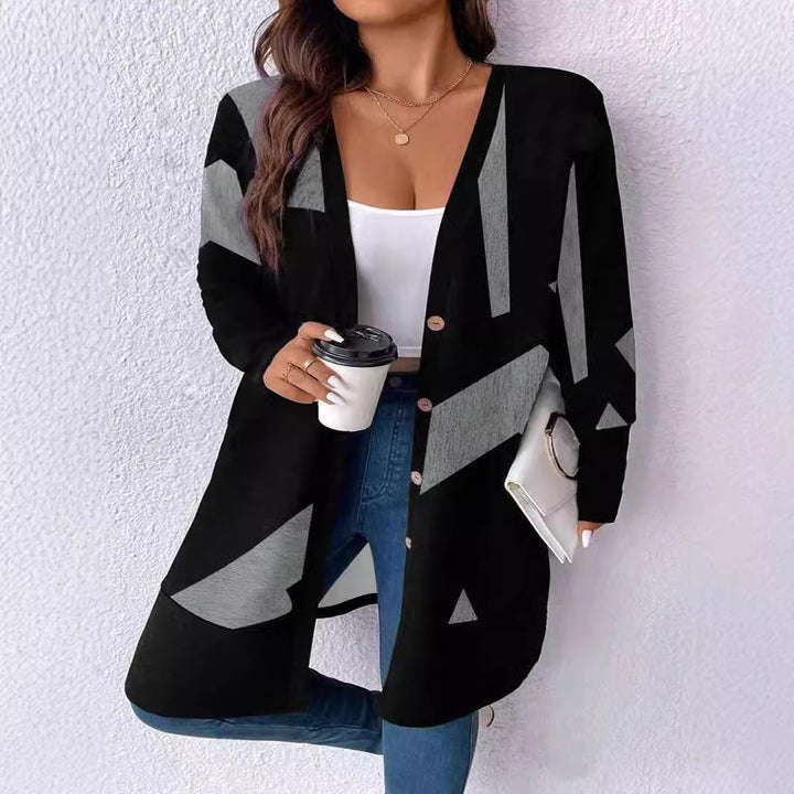 Damen Oversize-Strickcardigan mit geometrischem Print, Knopfleiste und aufgesetzten Taschen Drune