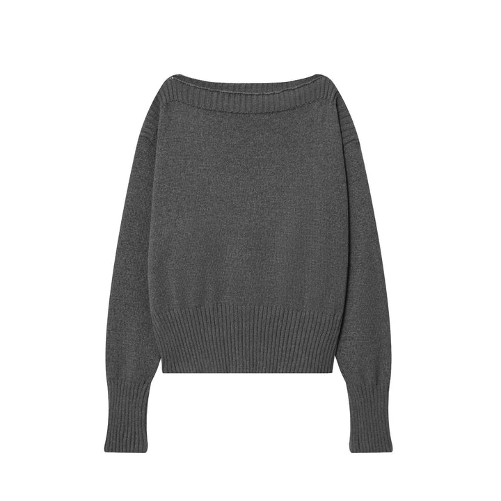 Damen nan kastig-oversize Strickpullover mit weitem U-Boot-Ausschnitt tailliertem Rippenbündchen und voluminösen Ärmeln Drune