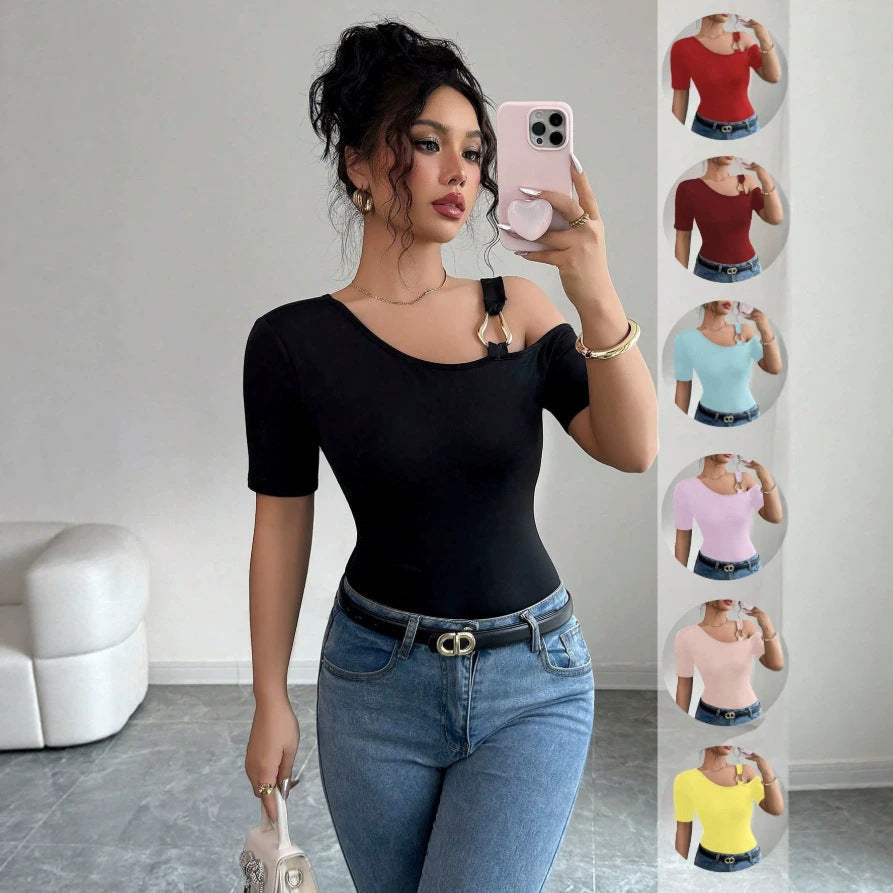Damen eleganter Body mit asymmetrischem Ausschnitt und kurzärmeliger Gestaltung Drune