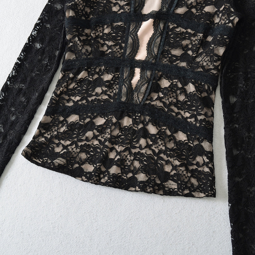 Damen Transparente Spitzenbluse mit V-Ausschnitt, taillierten Einsätzen und langen Ärmeln Drune
